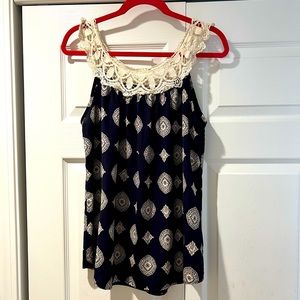 Navy printed tank top with lace shoulders